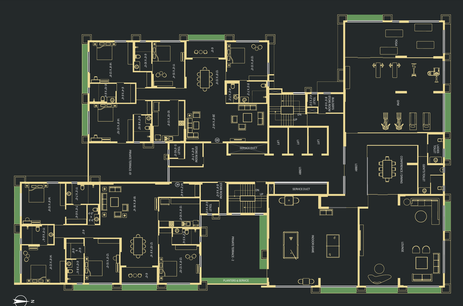 Signum Niva 1st floor plan showing units A and B with yoga, gym, conference/dining, lounge, indoor games and private terraces
