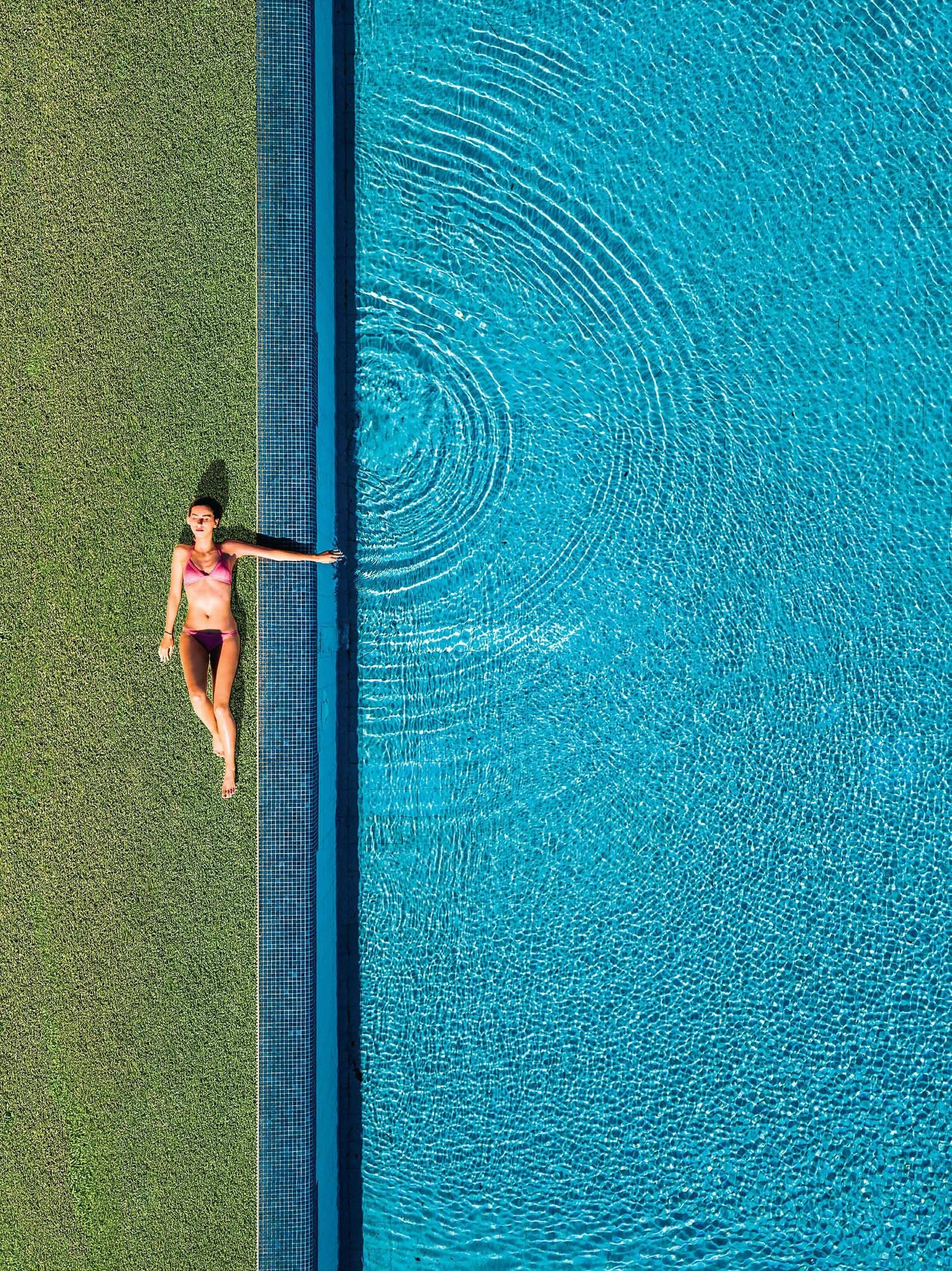 Aerial view of a swimmer in the Signum Niva rooftop pool, Alipore Kolkata
